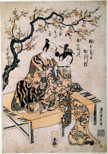 Art japonais : un musicien donne une leçon de flûte à une jeune femme - Kiyohiro Torii