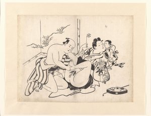 Représentation érotique avec accessoires de fumerie et paravent - Kiyonobu (I) , Torii