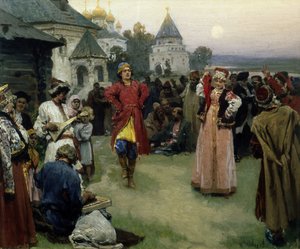 Danse (un couple de jeunes mariés en costume traditionnel danse parmi la foule des villageois à la tombée de la nuit) - Klavdiy Vasilievich Lebedev