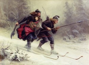 Soldats pour le roi norvégien Sverre, Torstein Skevla et Skjervald Skrukka portant le fils du roi Hakon Hakonsson - Knud Bergslien