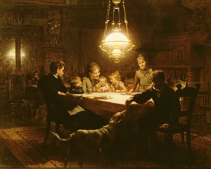 Dîner en famille à la lumière de la lampe, 19ème siècle - Knut Ekvall