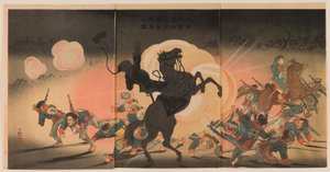Bombardement du camp ennemi alors que notre deuxième armée débarque à la forteresse de Jinzhou - Kobayashi Kiyochika