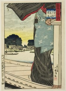 Vue lointaine de la colline de Matsuchi depuis la rivière Sumida (Sumidagawa yori Matsuchiyama enkei), de la série "Cent vues de la province de Musashi (Musashi hyakkei no uchi)" - Kobayashi Kiyochika