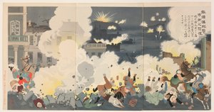 Panique dans les rues de la ville pendant le bombardement de Port Arthur - Kobayashi Kiyochika