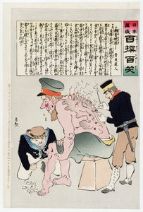 Un soldat russe soigné par du personnel militaire japonais, publié en 1905 - Kobayashi Kiyochika