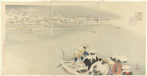 Deuxième mois : Colline de Matsuchi sous la neige au crépuscule, de la série "Vues véritables des lieux célèbres de Tokyo" - Kobayashi Kiyochika