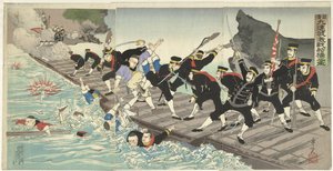 Combats féroces sur le pont flottant à Kiuliencheng pendant la guerre sino-japonaise - Kobayashi Toshimitsu