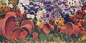 Pensées avec pots de fleurs - Pansies with flower pots ... (huile sur toile) - Koloman Moser