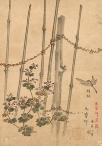 Clôture en bambou et chrysanthèmes - Kono Bairei