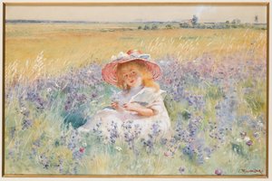 Une jeune fille dans un champ de sauge, marguerites et fléole des prés