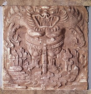 Art coréen : brique en terre cuite grise représentant un monstre. Royaume de Paekche (ou Paikchei ou Baekje), Corée. 7e siècle. Musée national de Corée - Korean School