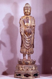 Statuette de Bouddha en bronze doré. Période Silla, 8ème siècle. Collection Hyung pil Chun