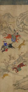 Scène de chasse (3 cavaliers chassant le cerf et le tigre) - Korean School