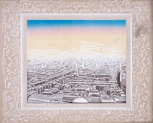 Vue aérienne de Londres encadrée dans une bordure décorative