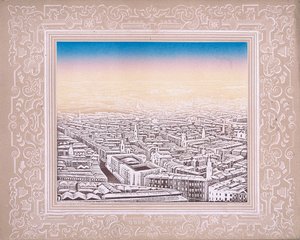 Vue aérienne de Londres avec bordure décorative, vers 1845