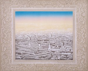 Vue aérienne de Londres avec bordure décorative, vers 1845