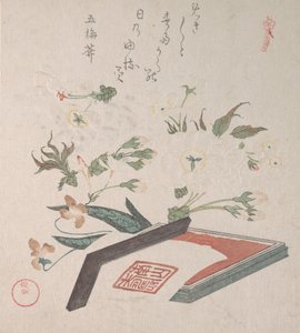 Fleurs de cerisier et boîte à sceau avec encre et règle, 19e siècle