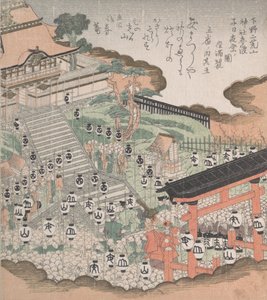Foule de gens regardant la danse du festival devant le sanctuaire de Futaara, 19ème siècle - Kubo Shunman
