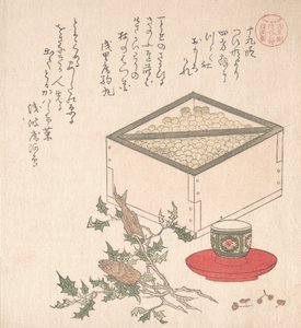Petits pois verts dans une mesure et branches de rose trémière avec têtes de sardines..., 19e siècle - Kubo Shunman