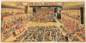 Intérieur du théâtre avec performance de Shibaraku, 1858