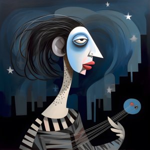 Troubadour femme avec sa guitare sous la lumière de la lune