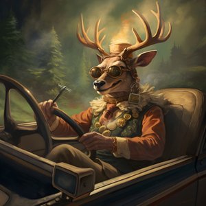 un cerf avec un cigare dans la bouche conduisant une voiture décapotable 1
