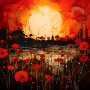 Art paysager abstrait avec un champ de fleurs sauvages et un soleil rouge vif 1 - Kurt Heppke
