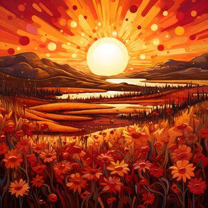 Art paysager abstrait avec un champ de fleurs sauvages et un soleil rouge vif 2