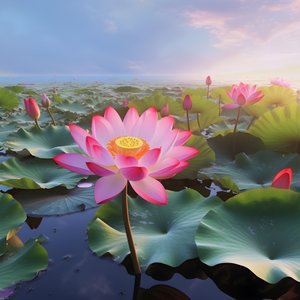 De grandes et belles fleurs de lotus fleurissent sur la surface claire de l