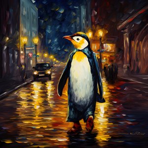 Un pingouin en costume marche dans la rue 1