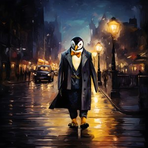 Un pingouin en costume marche dans la rue 3