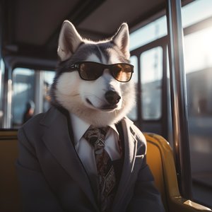 Un chien Husky sibérien en costume et avec des lunettes de soleil à la gare routière, comme un gentleman 3