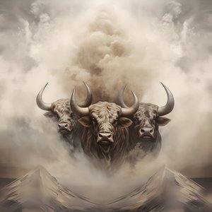 Une peinture abstraite fractale, texture de fumée beige-blanc. 3 taureaux noirs émergeant de la fumée, avec le mont Ararat à l