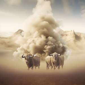 Une peinture abstraite fractale, texture de fumée beige-blanc. 3 taureaux noirs émergeant de la fumée, avec le mont Ararat à l