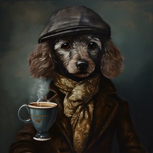 Un caniche cultivé boit une tasse de thé, porte un col roulé et une casquette plate, fond enfumé 1