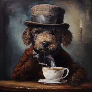 Un caniche cultivé boit une tasse de thé, porte un col roulé et une casquette plate, fond enfumé 4 - Kurt Heppke