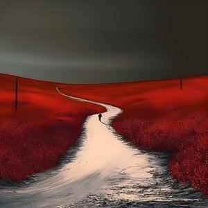 Une longue route rouge. Marcher. Comme le héros qui n