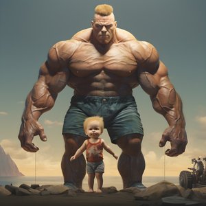Haltérophile intimidant et méchant, bébé musclé avec un homme musclé géant 1