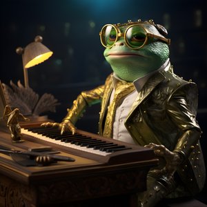 Elton John en grenouille avec lunettes de soleil et piano 3