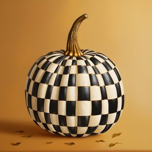 Citrouille dorée, blanche et noire sur fond beige