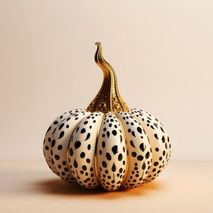 Citrouille dorée, blanche et noire sur fond beige