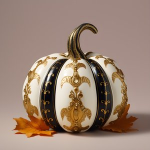 Citrouille dorée, blanche et noire sur fond beige
