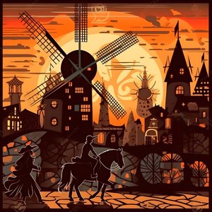 Don Quichotte à droite sur son âne, aussi petit qu