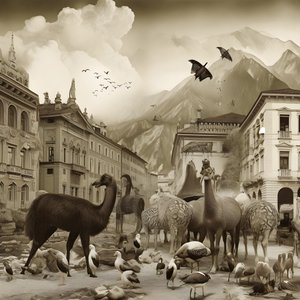 Innsbruck dans une vieille photographie avec des zèbres élégants, des mouettes, des singes et des figurines en argile. 3