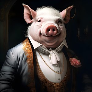 propriétaire de plantation de porcs anthropomorphe, yeux perçants, corps gras et potelé, cigare à la main, costume blanc élégant, montre de poche en chaîne, monocle, chapeau de feutre blanc, gros plan