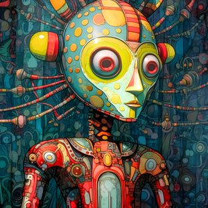 Carnaval mutant de marais cajun Sci-Fi Droïde, dans le style artistique de Tim Burton et Beksinski 2