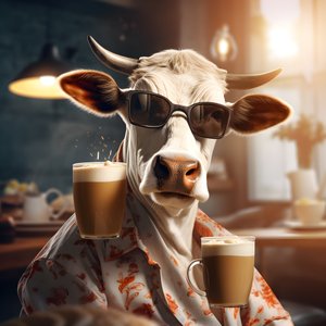 Vache avec des lunettes de soleil regardant un café froid 1 - Kurt Heppke