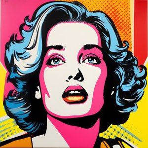 Portrait Pop Art, demi-corps, coloré, graphique, matin, dans le style de Andy Warhol, Roy Lichtenstein, Robert Rauschenberg, Jasper Johns, Keith Haring