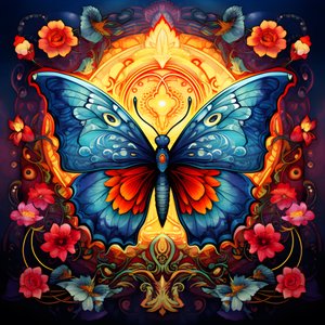 papillon au centre, symétrique, avec des fleurs en arrière-plan 2