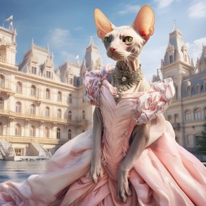 Chat Sphynx en robe de bal devant un magnifique palais de style médiéval 2